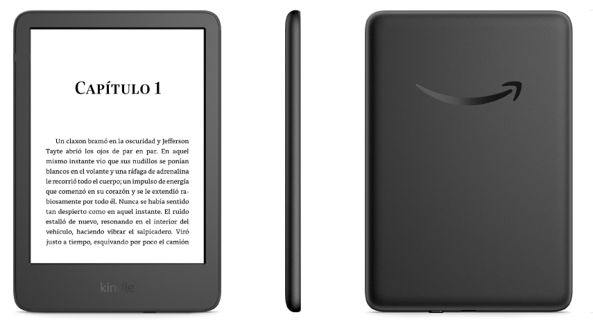 Kindle Basic visto de frente, de perfil y de espalda