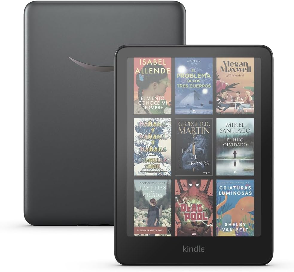 Kindle Colorsoft Signature visto de frente con su biblioteca a color y de espalda