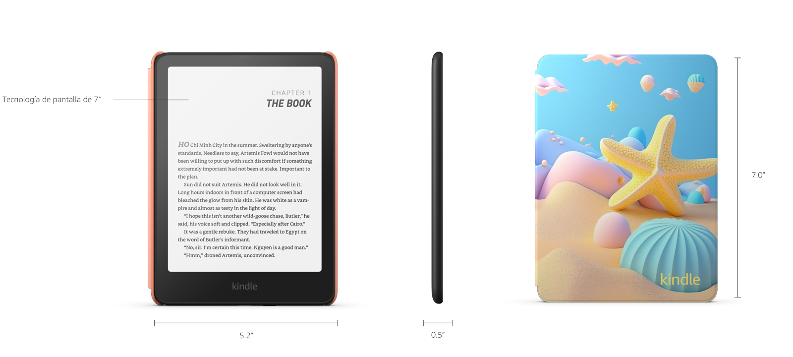 Kindle Paperwhite Kids visto de frente, de perfil y con la funda Starfish de espalda