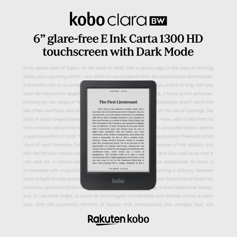 Kobo Clara BW con una página de libro en su pantalla de 6 pulgadas