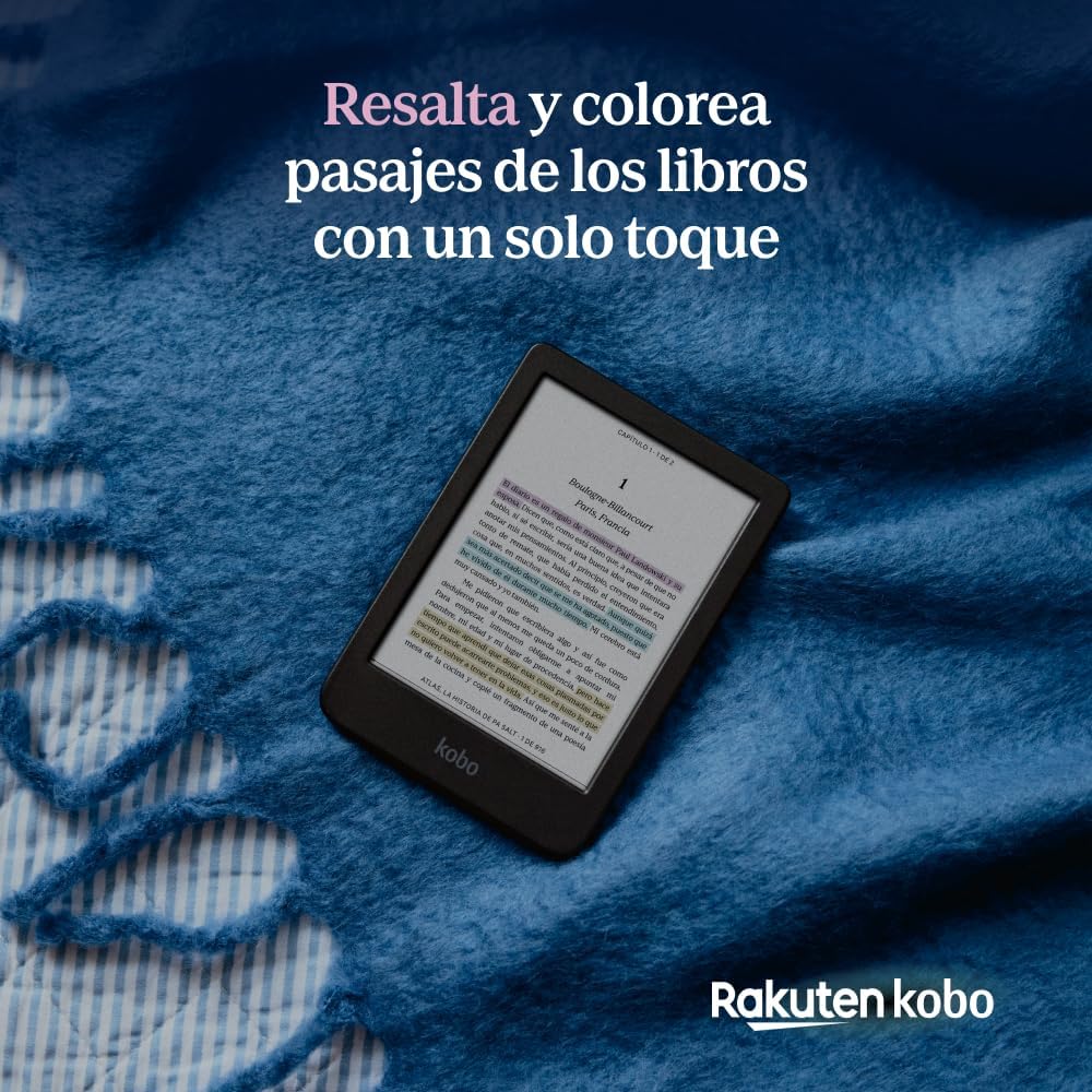 Kobo Clara Colour sobre una manta azul mostrando pasajes resaltados en varios colores