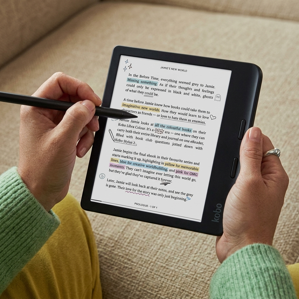 Manos anotando un libro a color en el Kobo Libra Colour con el Kobo Stylus 2