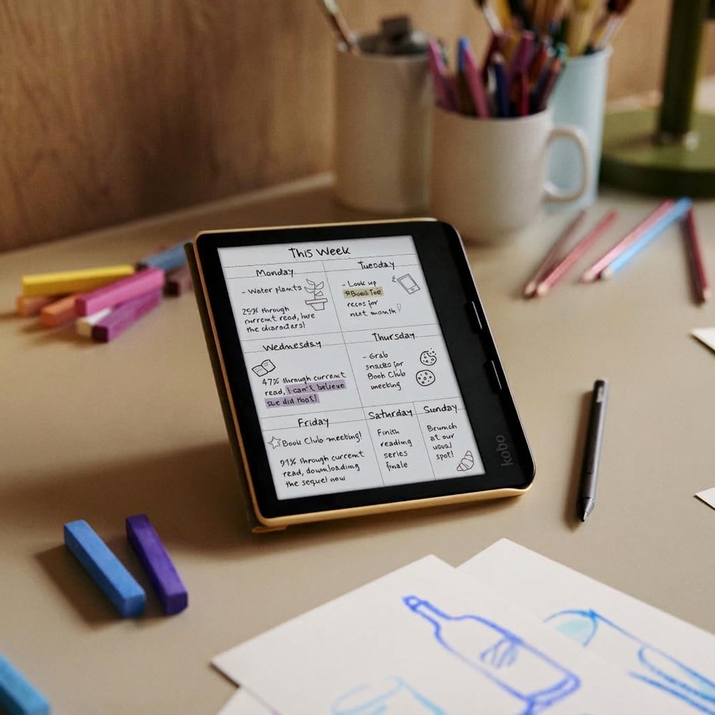 Kobo Libra Colour en su funda mostrando un planificador semanal escrito a mano