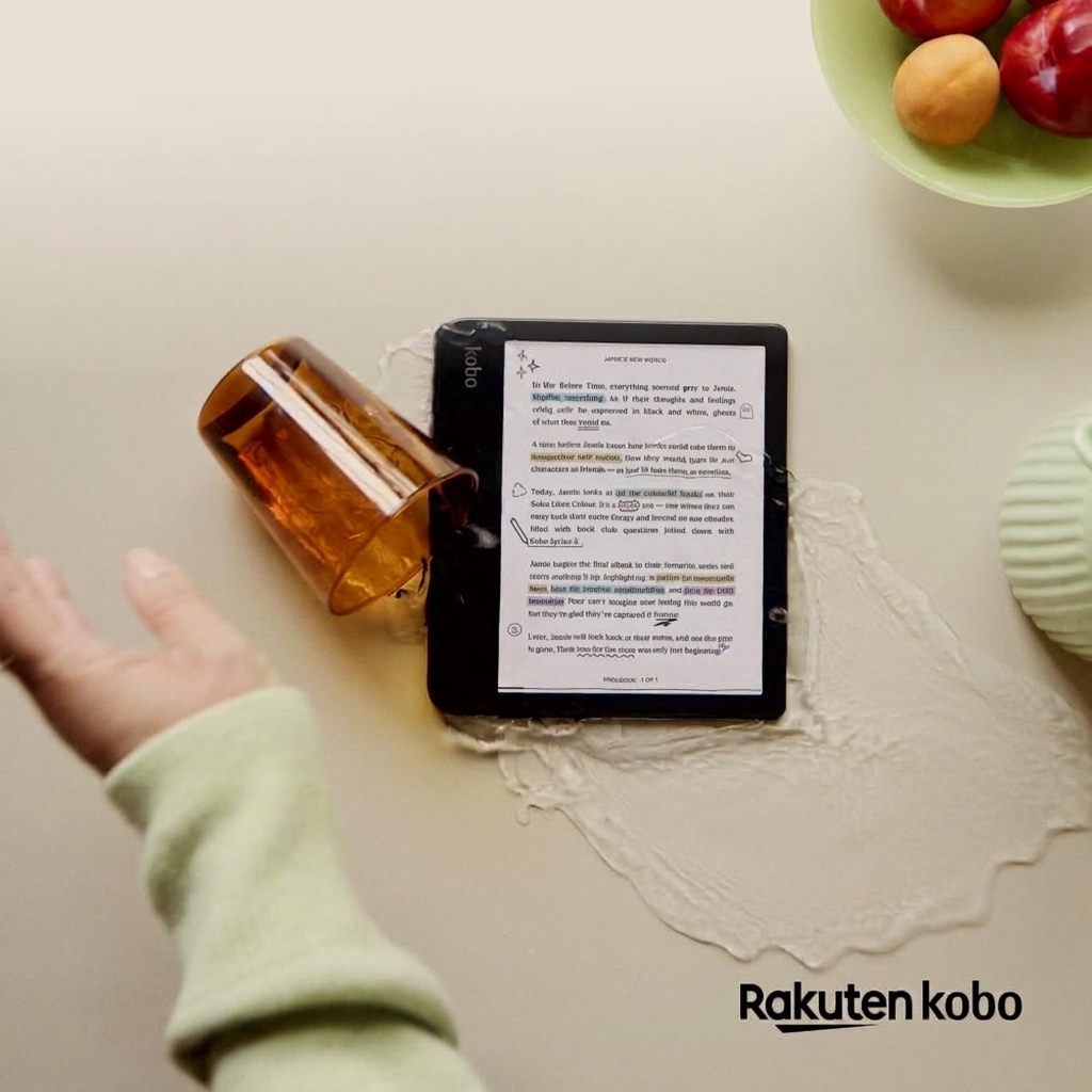 Kobo Libra Colour mojado sobre la mesa junto a un vaso volcado