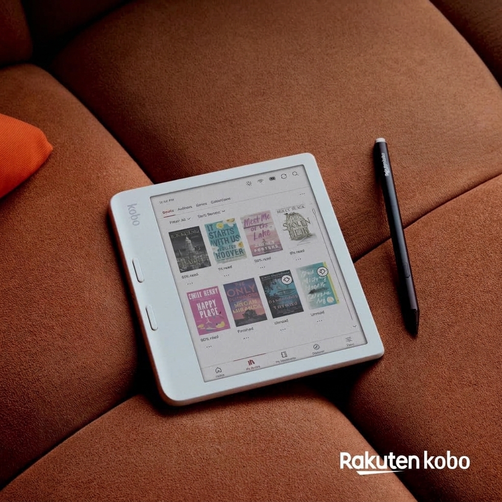 Kobo Libra Colour blanco sobre un sofá junto al Kobo Stylus 2, mostrando la biblioteca a color