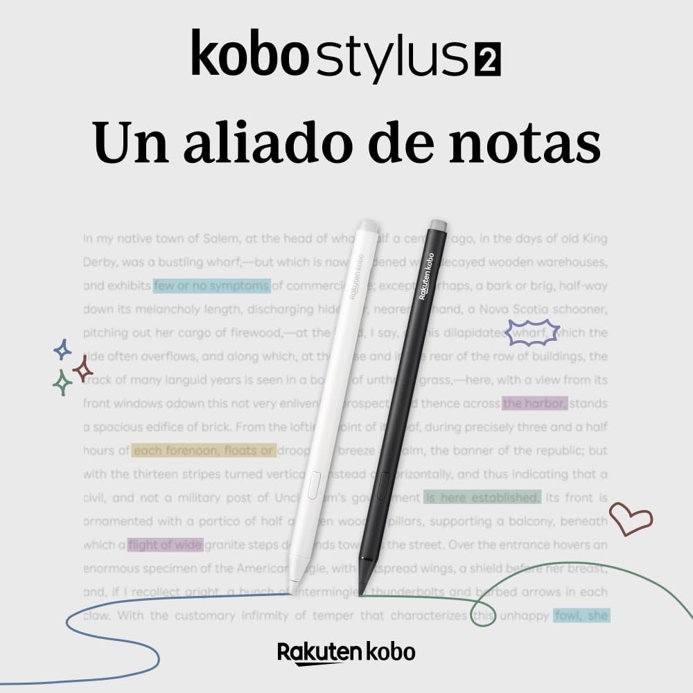 Kobo Stylus 2 en blanco y negro sobre una página con pasajes resaltados en colores