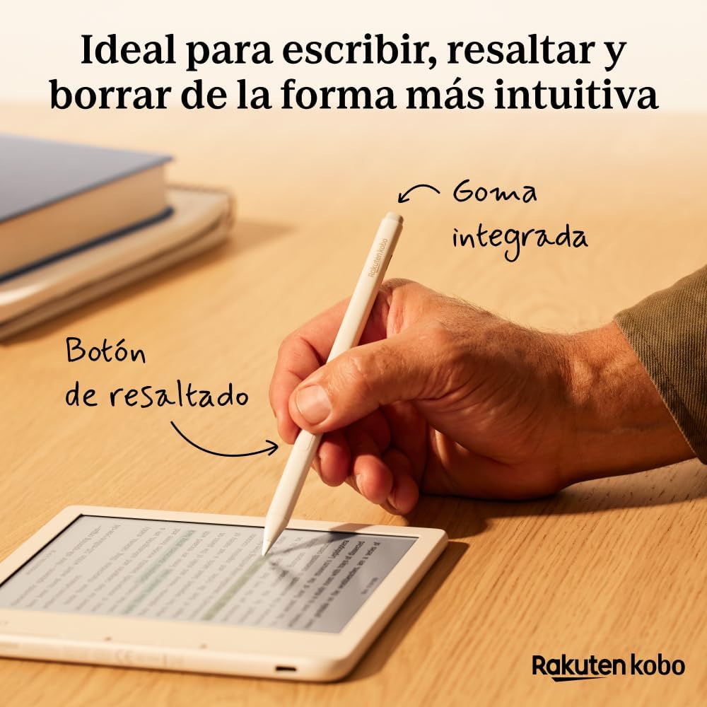 Mano escribiendo en un Kobo con el Stylus 2, señalando la goma integrada y el botón de resaltado