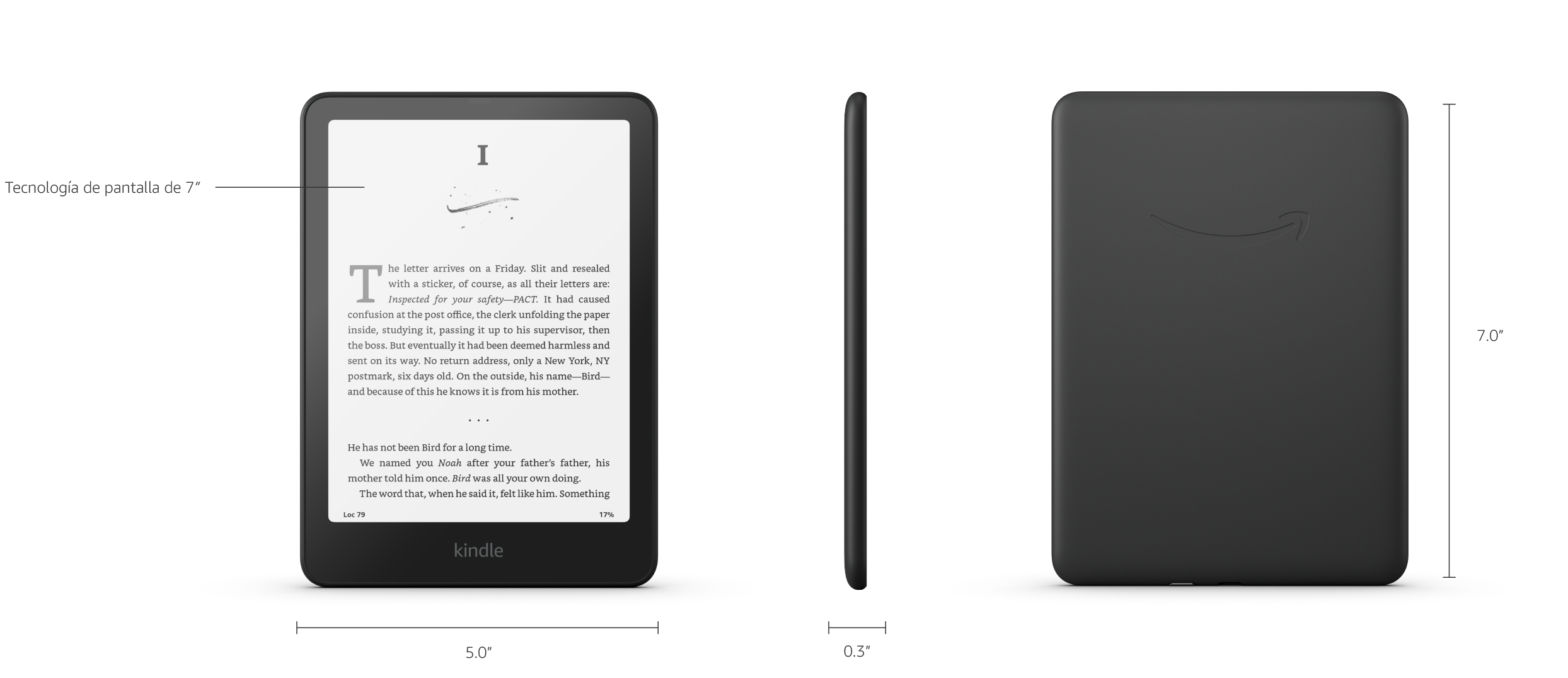 Kindle Paperwhite visto de frente, de perfil y de espalda
