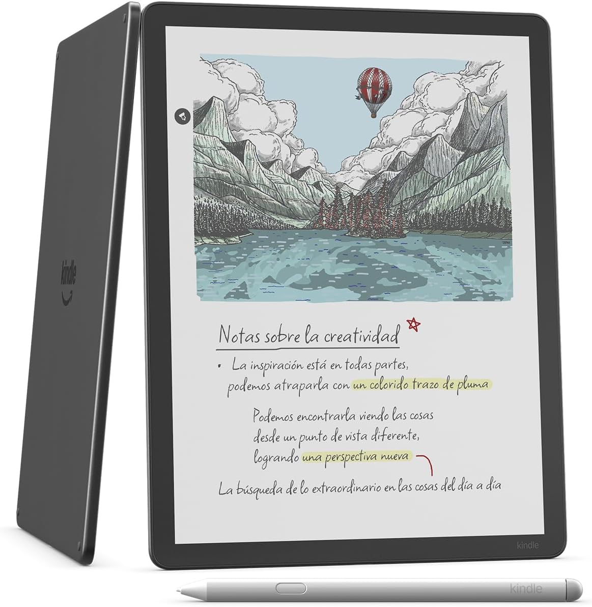 Kindle Scribe Colorsoft visto de frente y de espalda con su lápiz