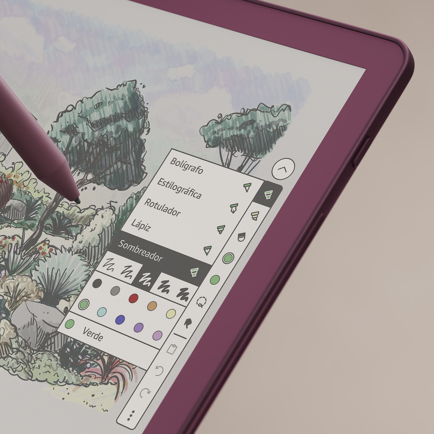 Menú de herramientas de escritura en español del Kindle Scribe Colorsoft sobre un dibujo de un jardín a color