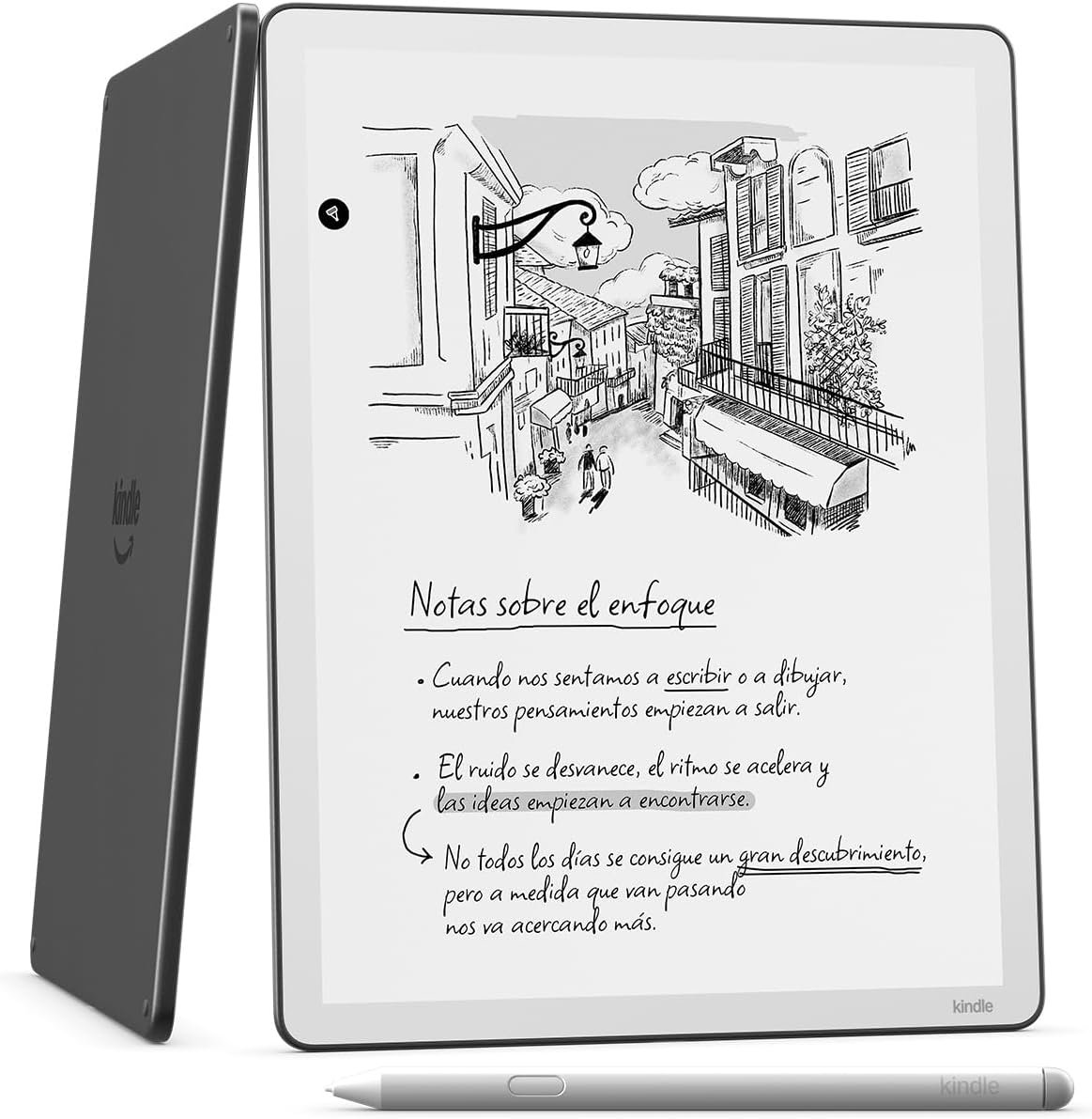 Kindle Scribe visto de frente y de espalda con su lápiz