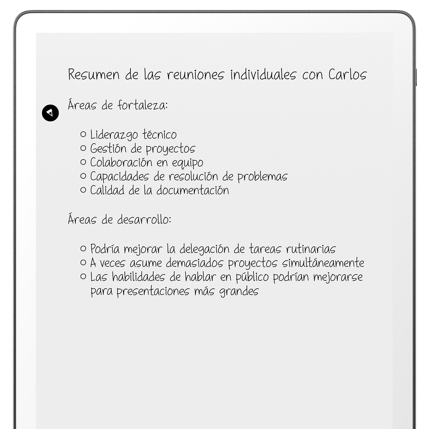 Kindle Scribe mostrando el resumen generado por IA de un cuaderno de reuniones, en español