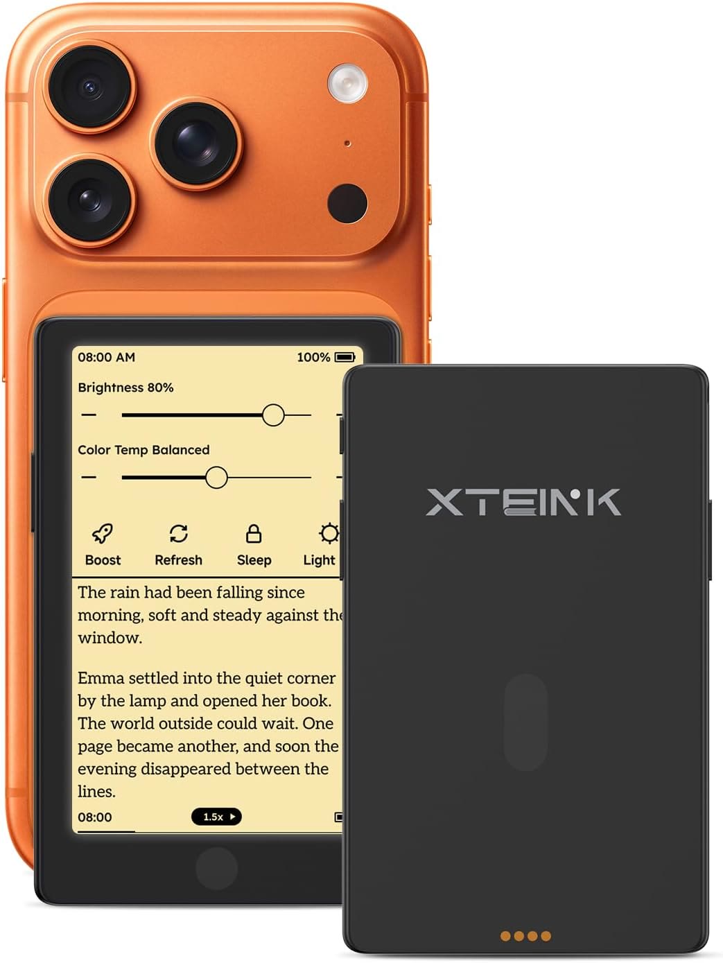 Xteink X4 Pro negro junto a un celular, visto de frente y de espaldas