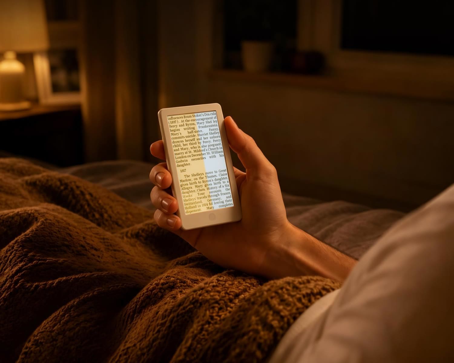 Persona leyendo en la cama con el Xteink X4 Pro y la luz cálida encendida