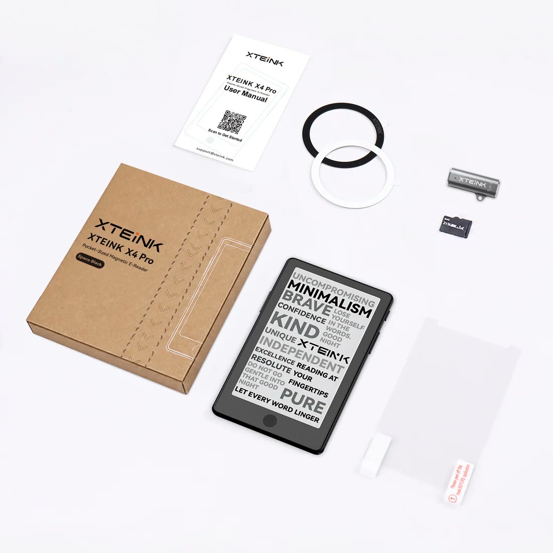 Contenido de la caja del Xteink X4 Pro: el equipo, tarjeta microSD, adaptador de carga magnético, anillos metálicos, protector de pantalla y guía