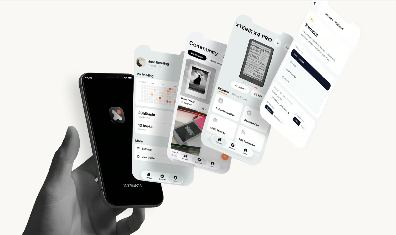 Pantallas de la aplicación de Xteink en un celular junto al X4 Pro